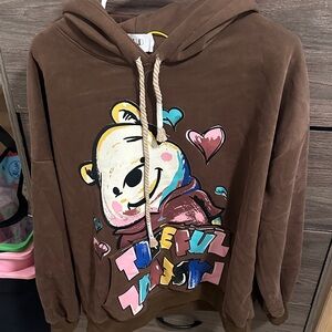 Brown Graphic Bear Sweatshirt with Pink & Teal Hearts size L